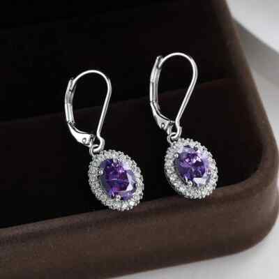Teardrop Genuine Purple Amethyst Gemstone Silver Women Dangle Hook Earrings 1.5''