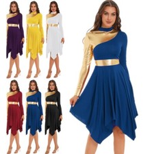 Womens Long Sleeve Praise Dance Dress Color Block Patchwork Worship Dresses