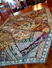 Indian Boho Hand Embroidered, Beaded, Sequin And Crystal Table Topper Throw
