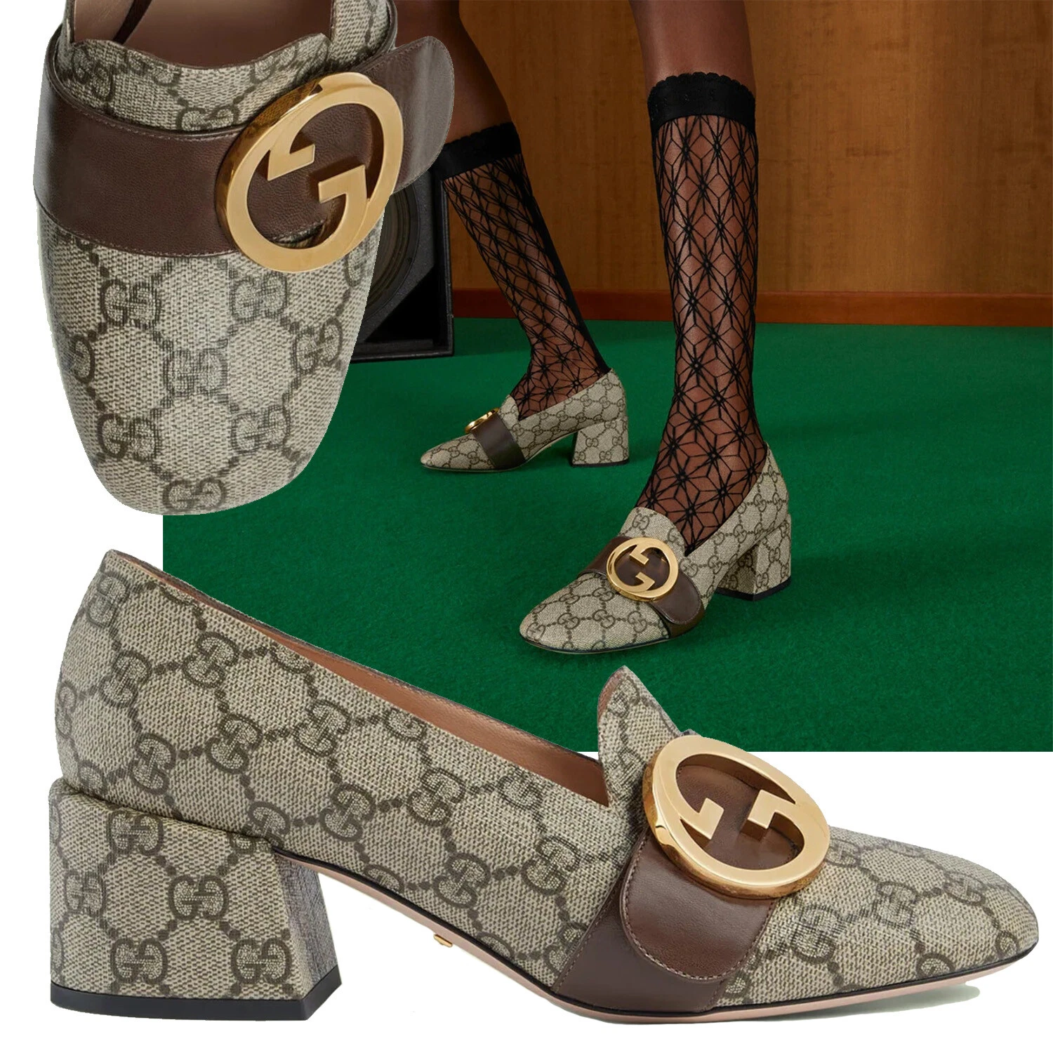 CHAUSSURES GUCCI BLONDIE GG TOILE SUPRÊME LOGO DORÉ DÉTAILS ESCARPINS 41 11 US