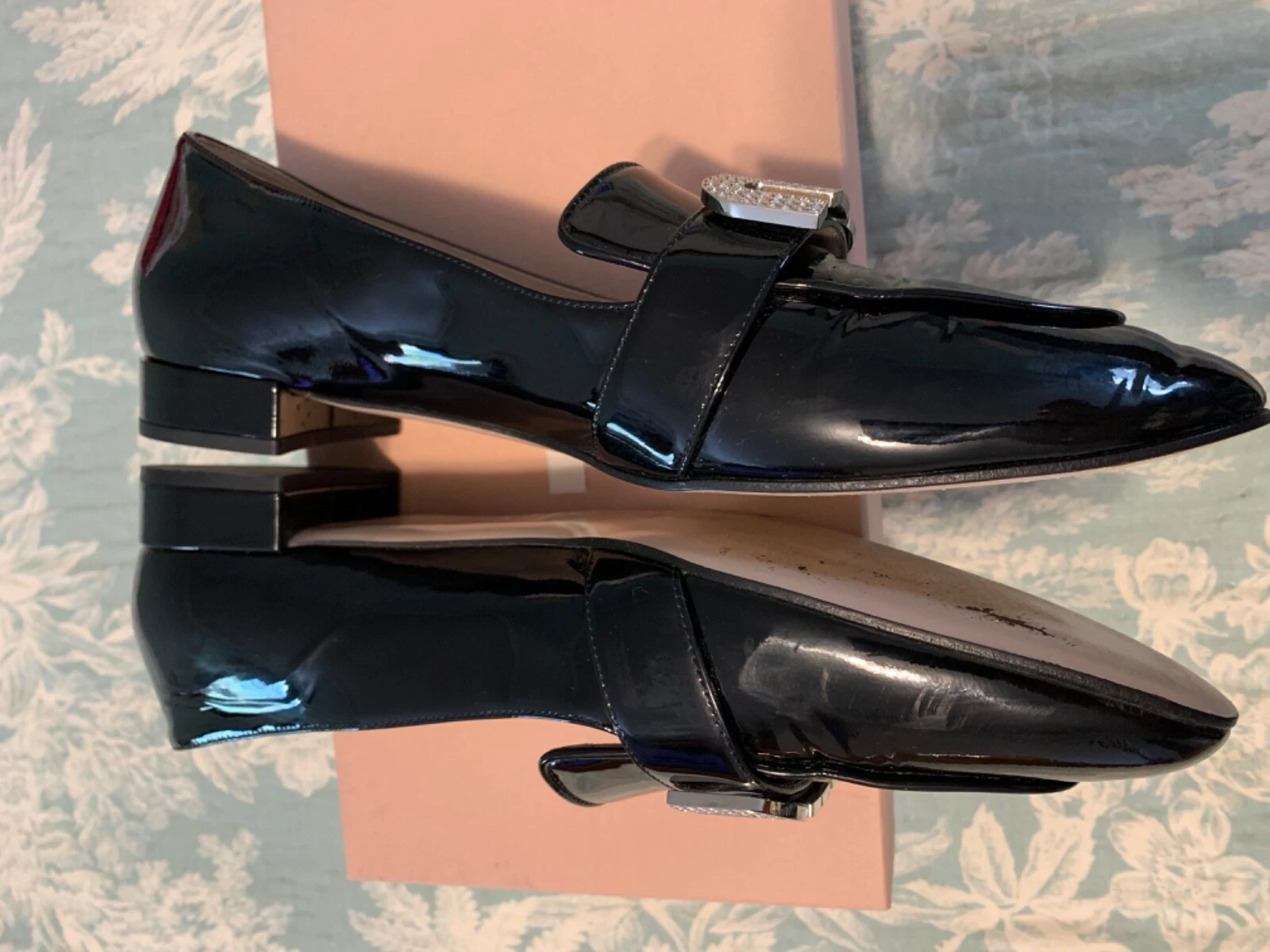 MOCASSINI GIOIELLIZZATI MIU MIU VERNICE IN PELLE VERNICIATA CRISTALLO NERO TAGLIA EU41 $795