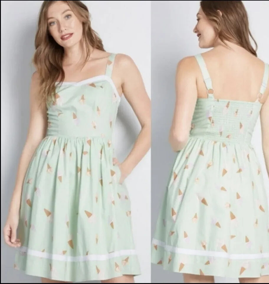 NWOT ModCloth sixe S Sweetest Treat Ice Cream Cone Print Pinup Dress Mint  Green | eBay