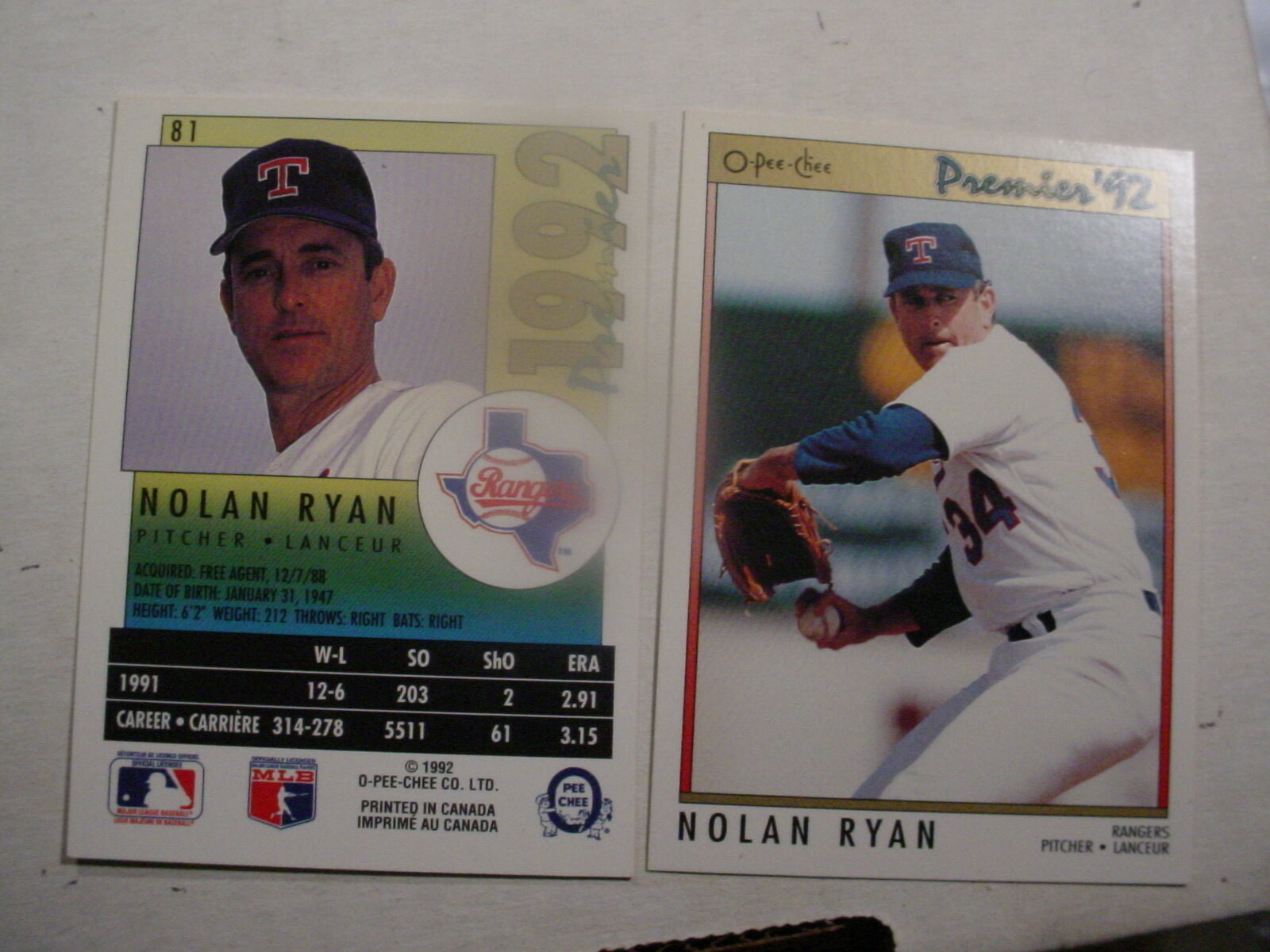 1992 #  81 Nolan Ryan Rangers OPC Premium