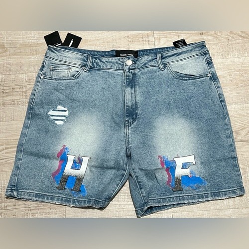 Homme + Femme Men's Hand Painted Logo Distressed Denim Jean Shorts blue size 40