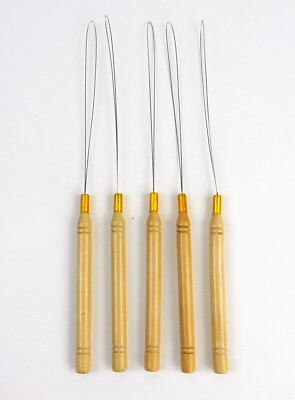 Pack of 5 Wooden Handle Hair Extensions Loop Needle Threader Pulling Hook Tool