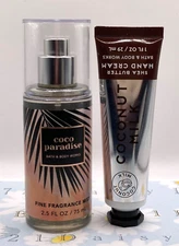Bath & Body Works Coconut Milk Coco Paradise Fragrance Mist Hand Cream Set Lot 2