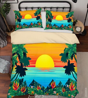 3D Tropischer Sonnenhimmel Pflanze Cartoon Quilt Cover Set Bettwäsche Sets Ki...