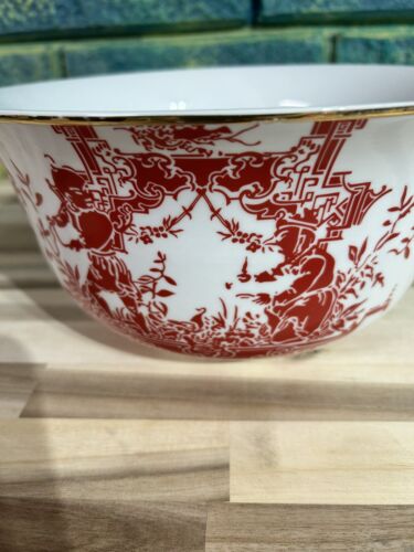 C. Wonder Red And White Asian Print Large Serving Bowl Gold Rim - Picture 1 of 12