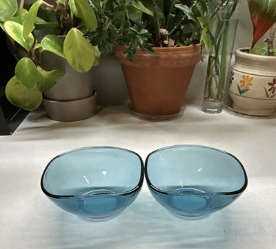Set of 2 Vereco France rounded square small berry bowls in dusky blue, Vintage