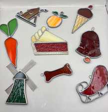 Lot of 9 Vintage Stained Glass Window Ornaments Suncatchers Fruit Pie Ice Cream