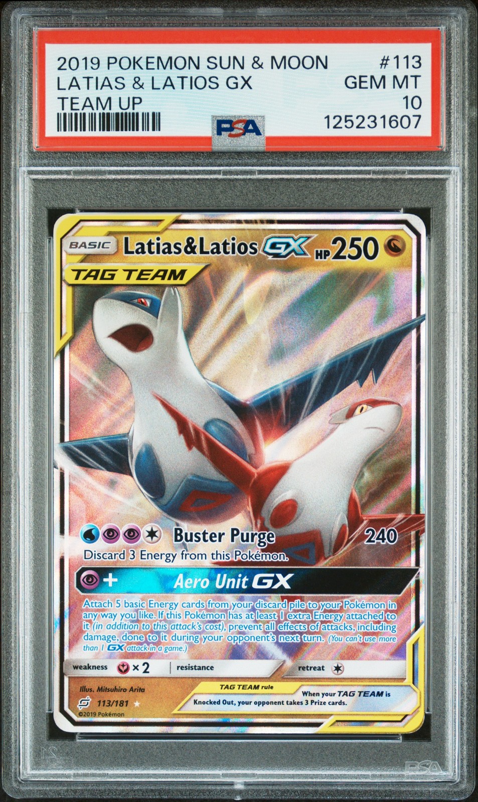 2019 POKEMON SUN & MOON TEAM UP #113 LATIAS & LATIOS GX PSA 10