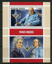 TOGO 2019 FREE MASONS CHURCHILL, FRANKLIN, MOZART  SOUVENIR SHEET MINT NH