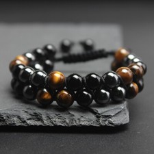Triple Protection Tiger Eye Obsidian Hematite Men Healing Strength Bracelet Gift