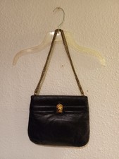 Vintage Ruth Saltz Handbag Black Ostrich Leather Cougar Head W/chain Strap 