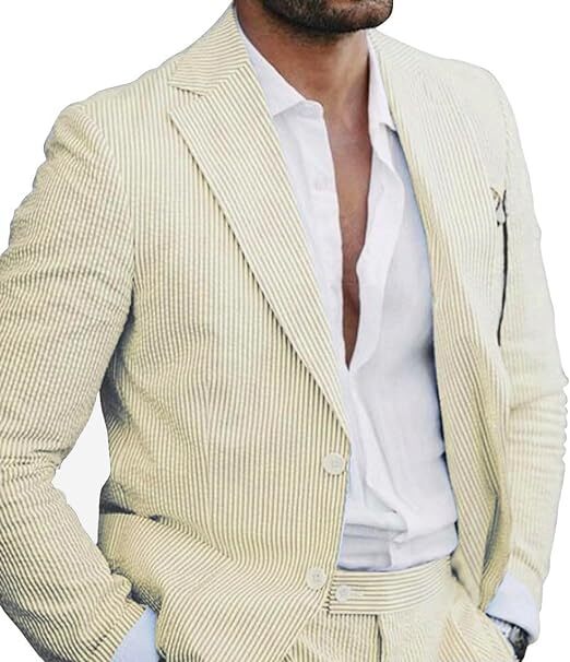 Men's Summer Breathable Striped Seersucker Suits Wedding Groom Blazer 2