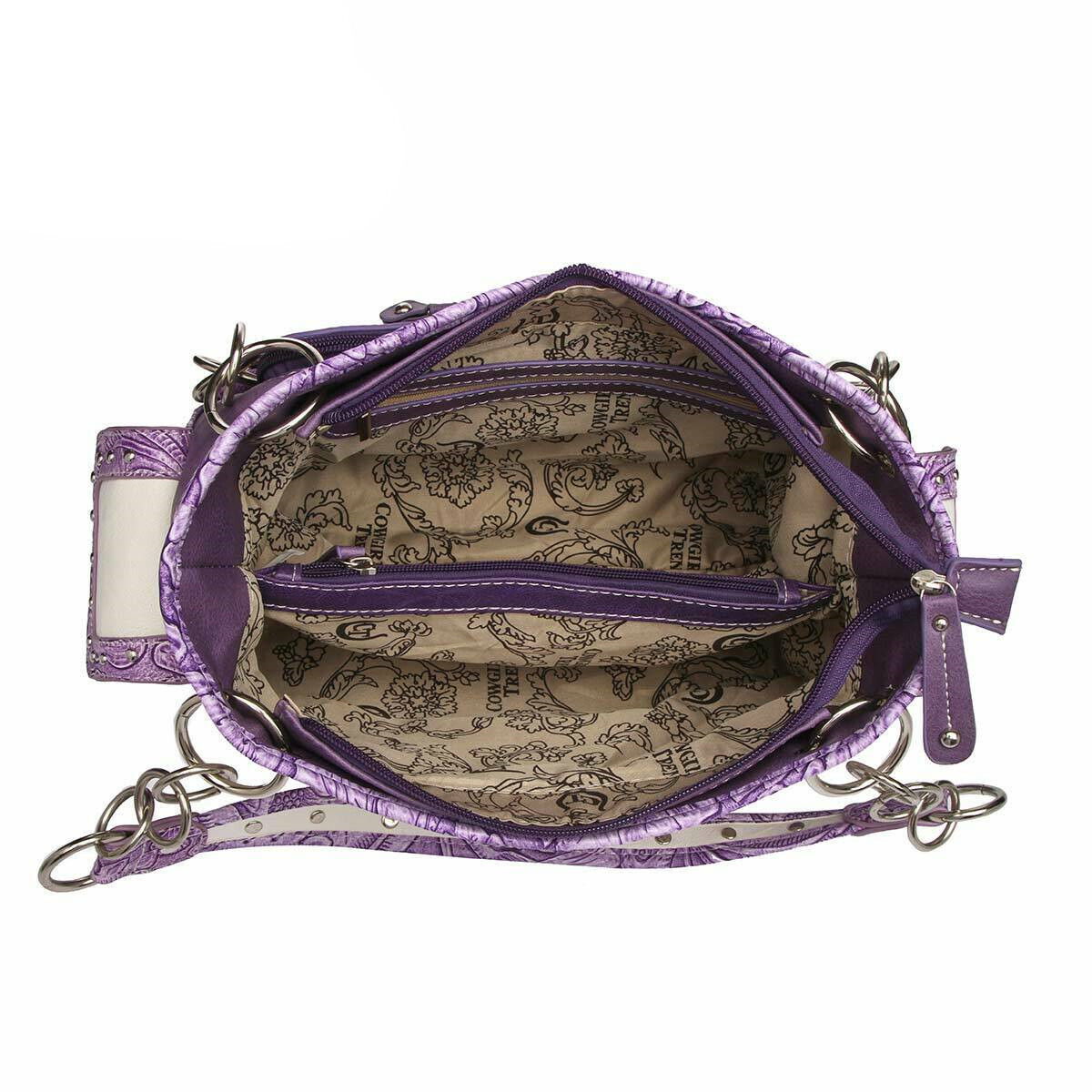 Western Style Shoulder Bag With Wallet Set - Butterfly Tooled Buckle, Concealed Carry Pocket, Purple