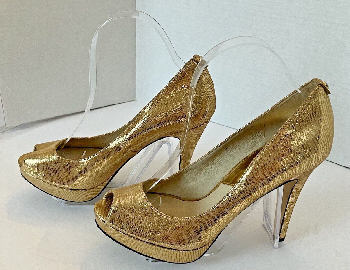 Michael Kors York Platform Peek A Boo Stilletto Heels Gold Glitter Open  Toe