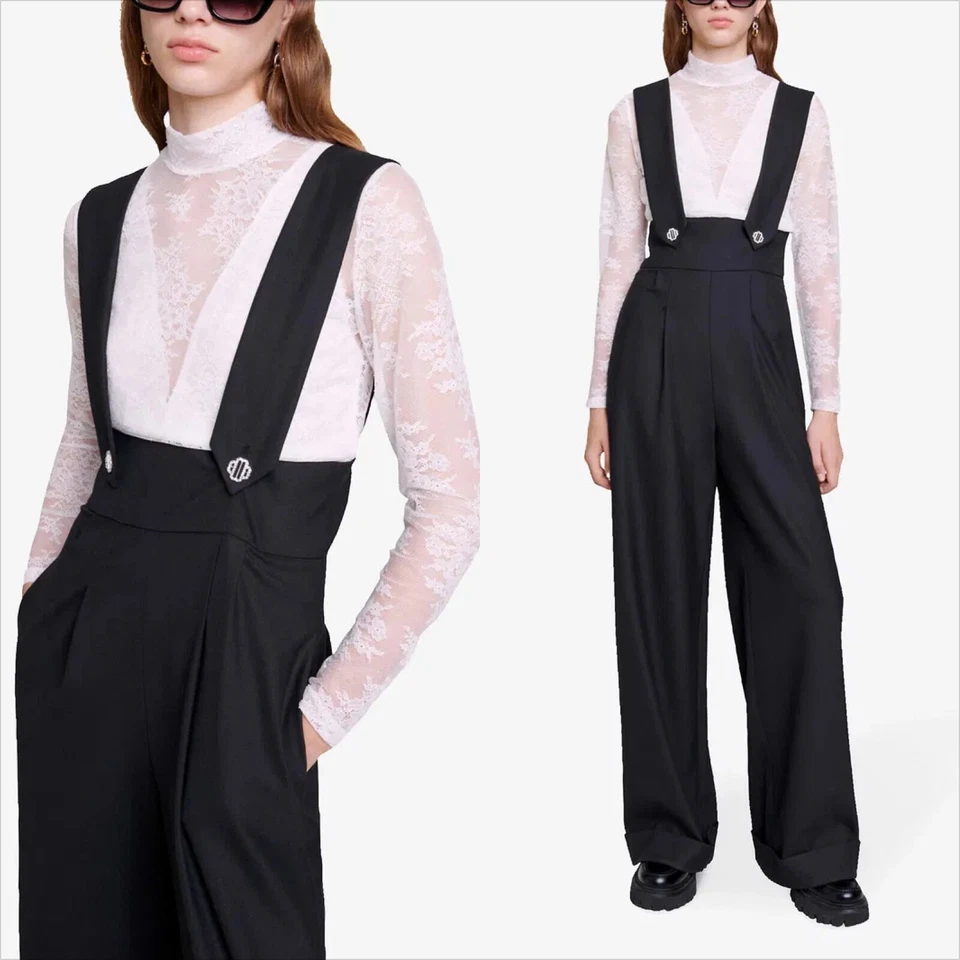 MAJE Pitelle Pantalón Negro Pierna Ancha Mezcla Lana Con Tirantes EE. UU. 2 / MAJE 34