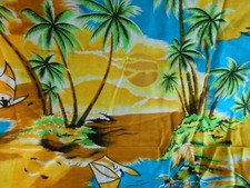 TROPICAL PRINT FABRIC ISLAND SCENES GREENS GOLDS BLUE YELLOW 45" WIDE X 2YDS 15"