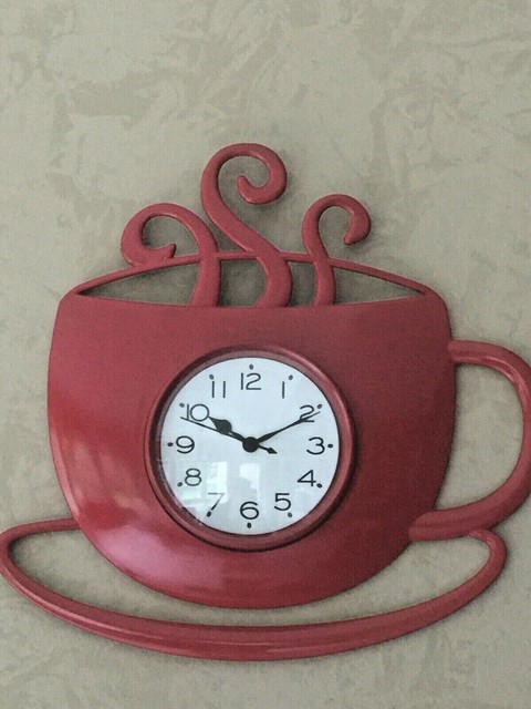 Coffee Cup Mug Saucer Red Wall Clock Kitchen Home Decor For Sale
