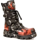 New Rock 591-S1 Red Flame Metal Black Leather Heavy Punk Gothic Boots