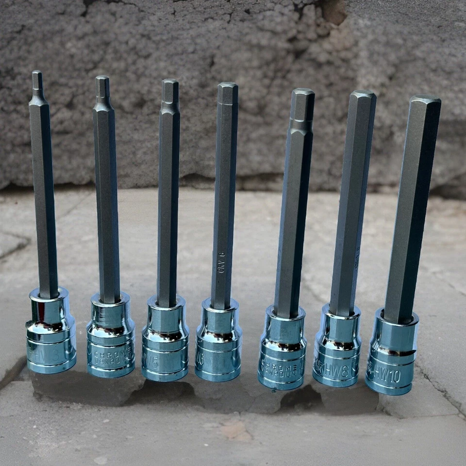 7 Pcs 3/8” Dr Extra Long Reach Allen Hex Bit  Socket Set Metric 3mm - 10mm Cr-V - Image 4 of 4