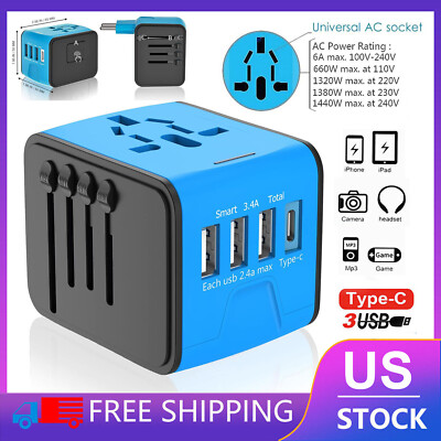 All in One International Travel Adapter Converter 3 USB Type C Wall Charger Plug