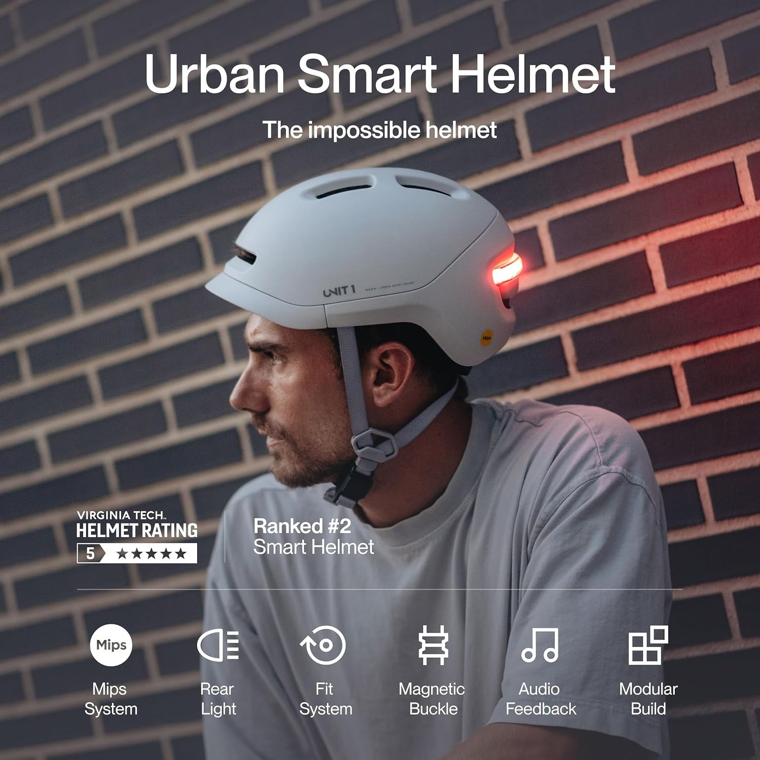 UNIT 1 NEON MIPS Smart Bike Helmet with Integrated Rear Light, LARGE ...