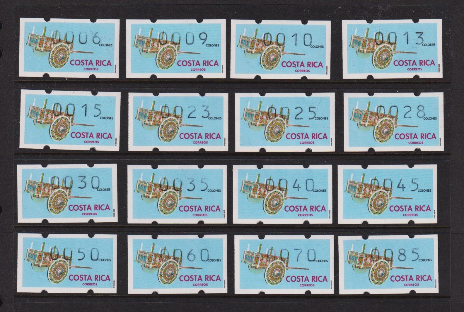 Costa Rica - 16 Different FRAMA type labels, Mint, NH
