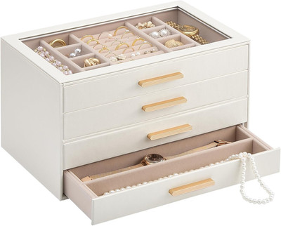 Jewelry Box Organizer, 4-Layer Jewelry Organizers and Storage Case with Glass Li