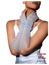 Women's Rhinestone Sparkly Fingerless Gloves Mesh Sheer Wedding One Size Grey