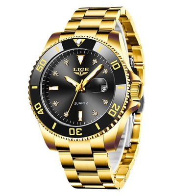 LIGE Men Watch Full Gold Steel Watch Luxury Male Business Male Quartz Wristwatch