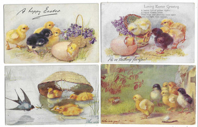 4 Tuck's Ostergrüße Postkarten ''Küken und Entenküken'' Froschschwalben