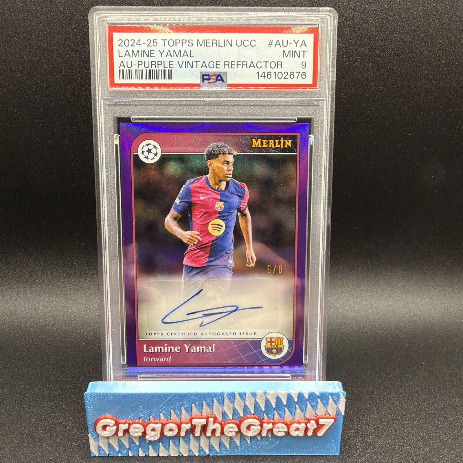 2024-25 Topps Merlin UEFA Lamine Yamal Auto Purple Refractor /8 PSA 9 view 2