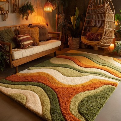 Handmade 100% Wool Rug Forest Deer Scene Area Rug Japandi Cabin Lodge Decor Rug
