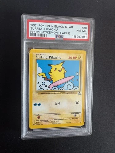 2001 Pokemon Black Star Surfing Pikachu Pokemon League Promo #28 PSA 8