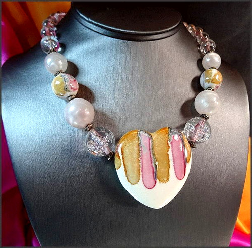 Authentic 1970s Vintage Necklace Unique Big Heart Pastel Porcelain