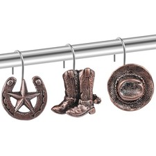 Western Shower Curtain Hooks Cowboy Hat Boot Star Bathroom Decor Rustic Count...
