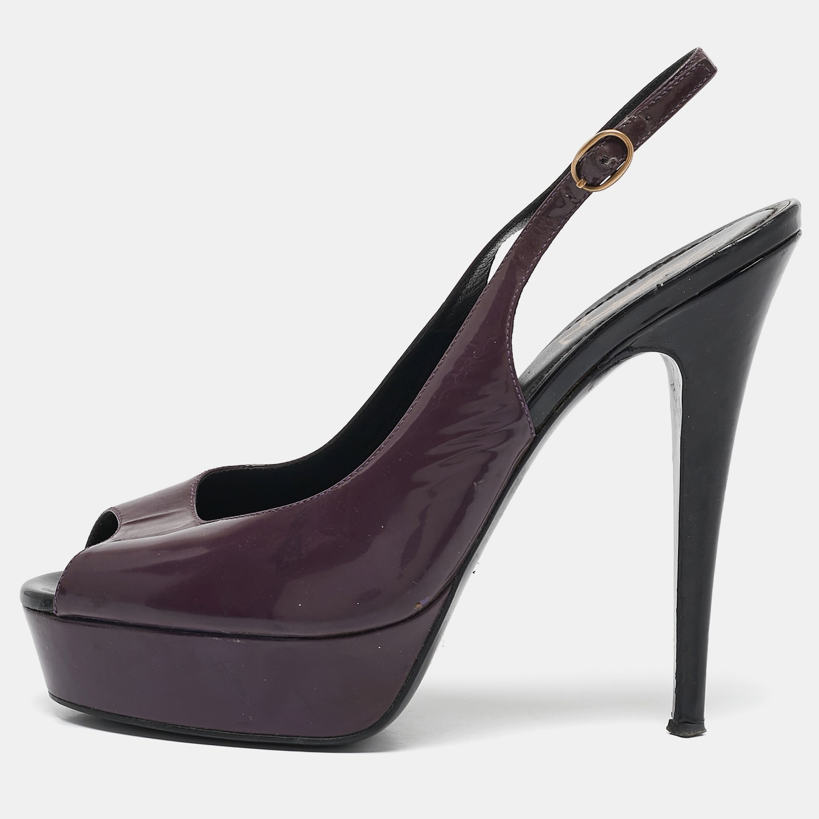 Saint Laurent Purple Patent Leather Peep Toe Slingback Platform Pumps Size 39
