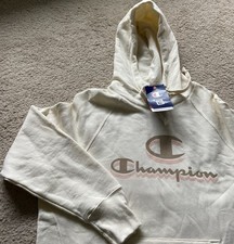 Champion Logo Cream Hoodie Pullover Sweatshirt Size XL Unisex NWT