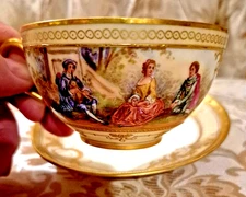 Dresden Ambrosius Lamm Raised Gold Encrusted Tea Cup & Saucer Scenic Couple #5