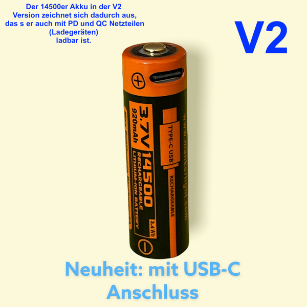 Manker 14500 V2 Li-Ionen Akku Mit 920 Mah GeschüTzt USB-C Aufladbar-image