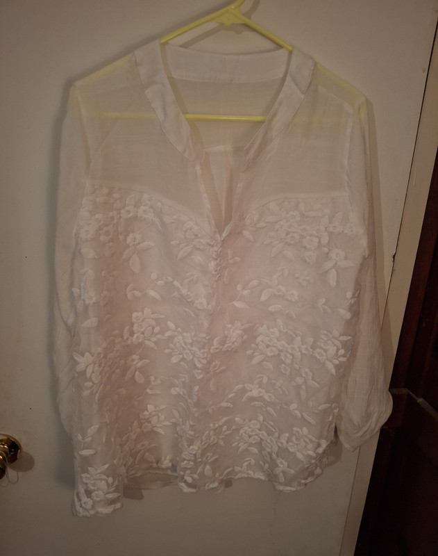 Women’s White Sheer Lace Floral Long Sleeve V-Neck Button-Down Top Plus 3XL