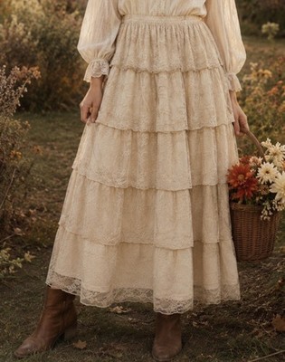  XL Lace Long Maxi Skirt Pull On Lined Boho Festival Romantic Cowgirl Cottage 
