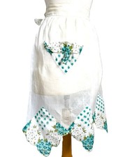 Vintage 1960's Scallop Hem Style Half Apron Blue Floral Print Organdy Sheer MCM