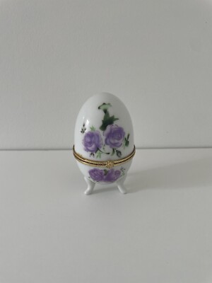 Vintage Egg Trinket Box Porcelain Gold-edged Flowers Footed, Gold Accents 4''
