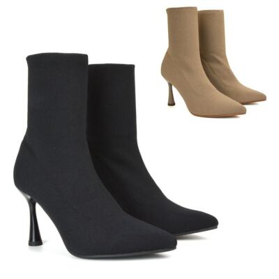 Damen Stiefeletten Damen Strick Stiletto Spitz Stretch Socke Schuh Booties