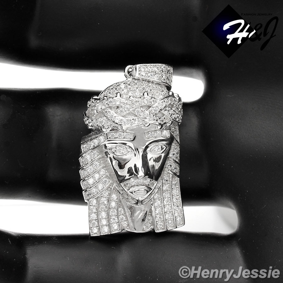 925 STERLING SILVER ICY CUBIC ZIRCONIA GOLD PLATED/SILVER JESUS FACE ...