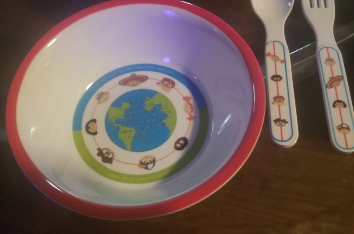Melamine Ware kids Bible Verse Dish set - Divider Plate Utensils Sippy Cup Bowl