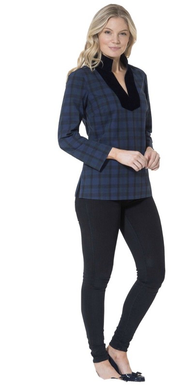 Sail To Sable tunic top - navy plaid with velvet - size XS - Retail $188 NWT